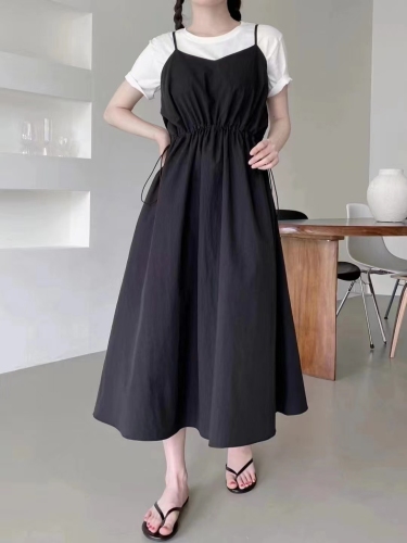 !  Dongdaemun, South Korea, women's clothing pleated waist suspender dress, women's mid-length sleeveless dress