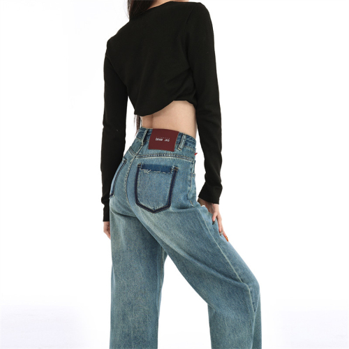 Actual shot of new spring and summer contrasting color straight high-waisted hip-covering slim women's narrow-fit drapey versatile jeans