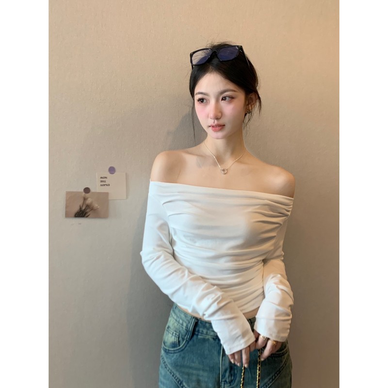 Real shot French retro collarbone-exposed design pleated slimming and elegant one-shoulder long-sleeved top
