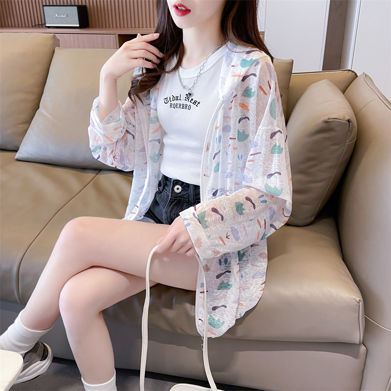Real shot of ice silk nano silk thin mid-length loose cardigan zipper sun protection hooded jacket for women