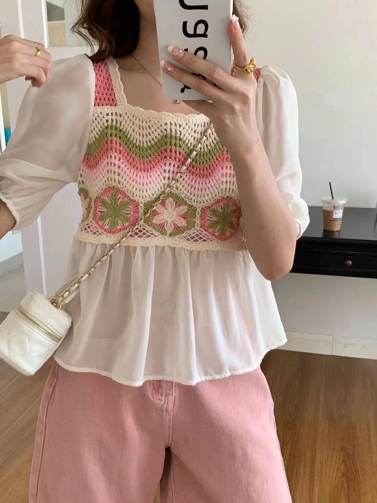 Korean chic summer sweet colorful knitted splicing chiffon shirt for women French square neck short-sleeved high-waisted loose top