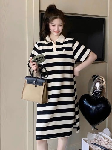 Black and white striped polo dress for women summer 2024 new Korean style casual loose slimming embroidered T-shirt skirt