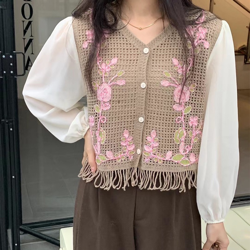 韓版防曬款洋氣針織鈎花拼接長袖女2024秋季新款假兩件雪紡衫上衣