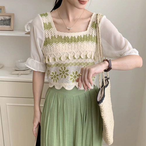 Korean style hollow square neck sweater for women summer new style spliced ​​organza puff sleeve short top