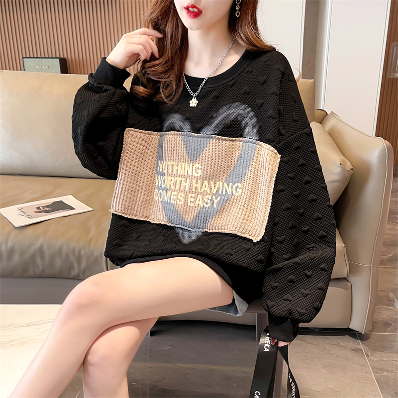 Real shot 2024 spring Korean style loose round neck patch printed jacquard love large size thin sweatshirt for women