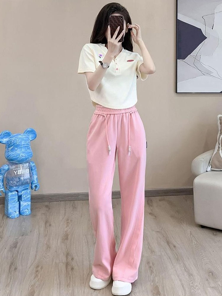 European casual sportswear for women, summer temperament, fashionable slim tops, wide-leg pants, two-piece set, western style