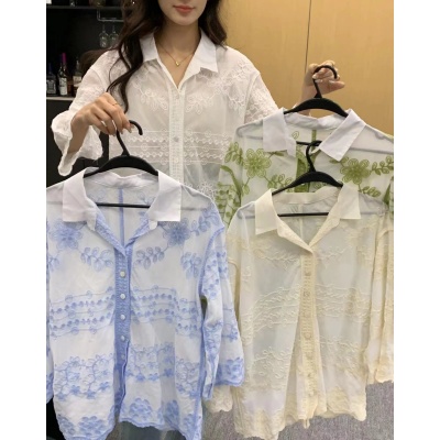 2024 New Spring and Summer Shirt Collar Heavy Embroidery Loose Single-breasted Chiffon Plant Flower Shirt