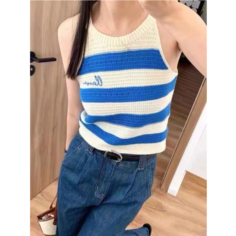 Summer new sexy knitted ice silk striped vest for women's summer outer wear, pure desire, sweet and spicy design, short sleeveless