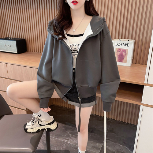 Actual shot of spring Korean style loose 315g Chinese cotton composite hooded color-blocked zipper cardigan thin jacket for women