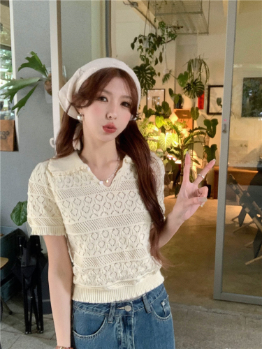 Actual shot Spring new style ~ French sweet short style unique crocheted hollow polo collar sweater