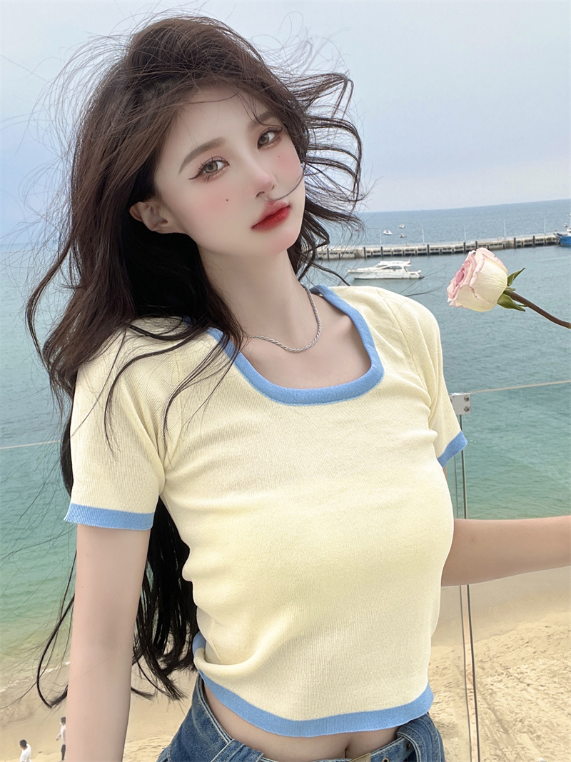 短袖t恤女夏季2024新款韓版ins潮時尚氣質百搭修身顯瘦撞色上衣服