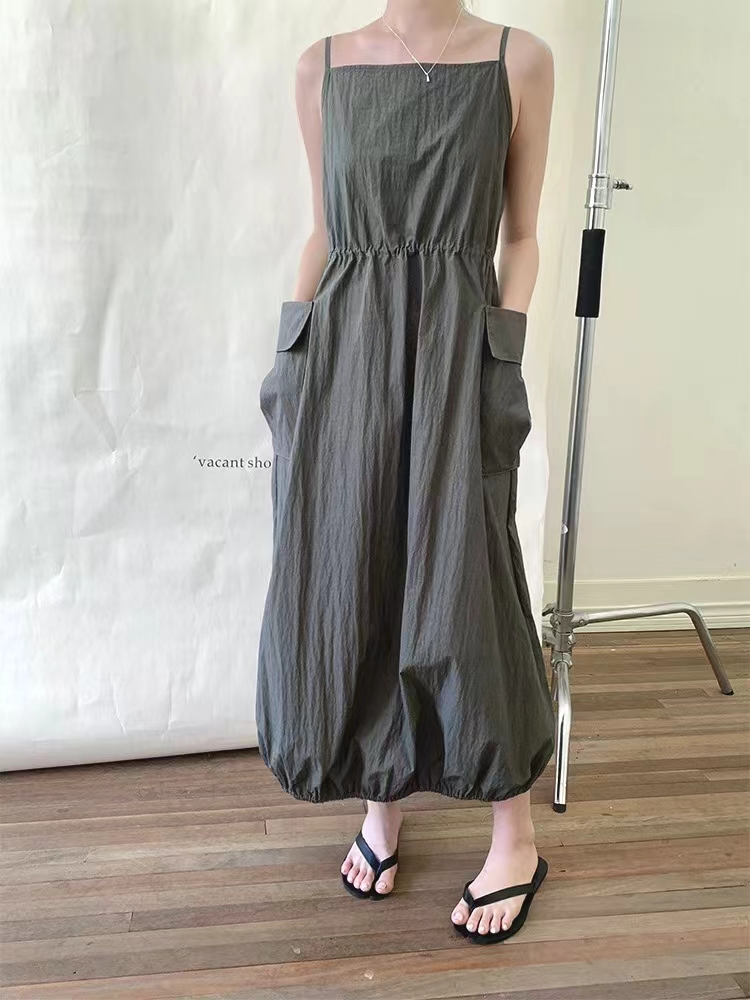Retro suspender dress women's summer niche temperament drawstring waist slimming big pocket long skirt