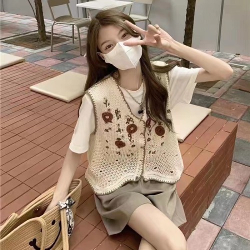 French chic design crochet ethnic style vest two-piece shirt autumn new style top