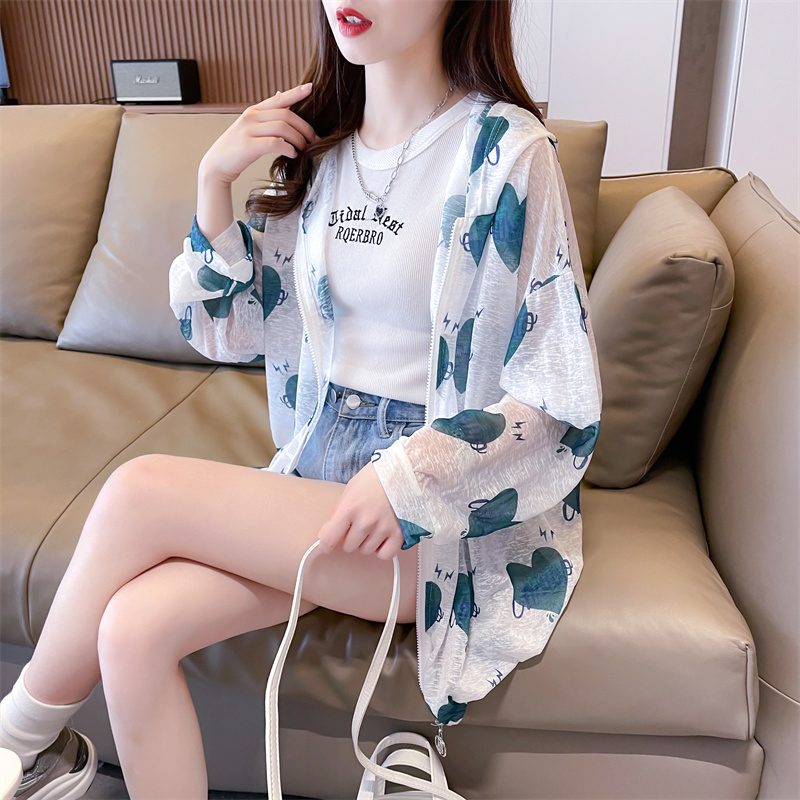 Real shot of ice silk nano silk thin mid-length loose cardigan zipper sun protection hooded jacket for women