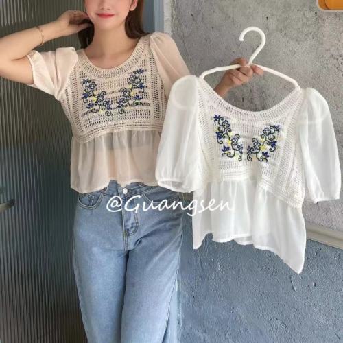 Hollow chiffon shirt embroidered women's spring 2024 new design foreign style super fairy short puff sleeve top