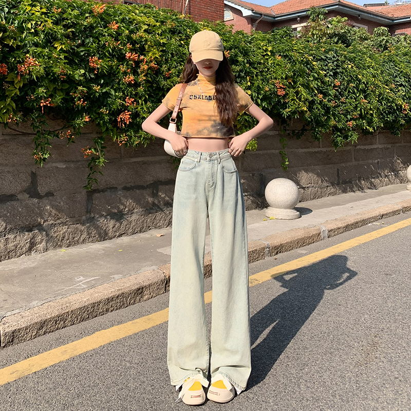 Actual shot of jeans for women 2024 spring and summer new high-waisted slimming versatile floor-length straight wide-leg pants for small people
