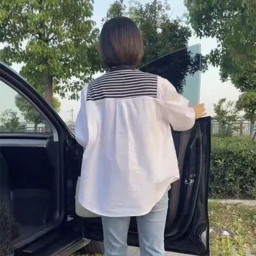 Summer new plus size women's Korean striped shirt short-sleeved V-neck belly-covering fashionable fake two-piece top