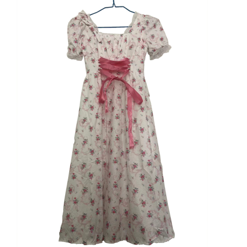 Summer peach French princess dress sweet and fresh temperament long waist slimming floral dress