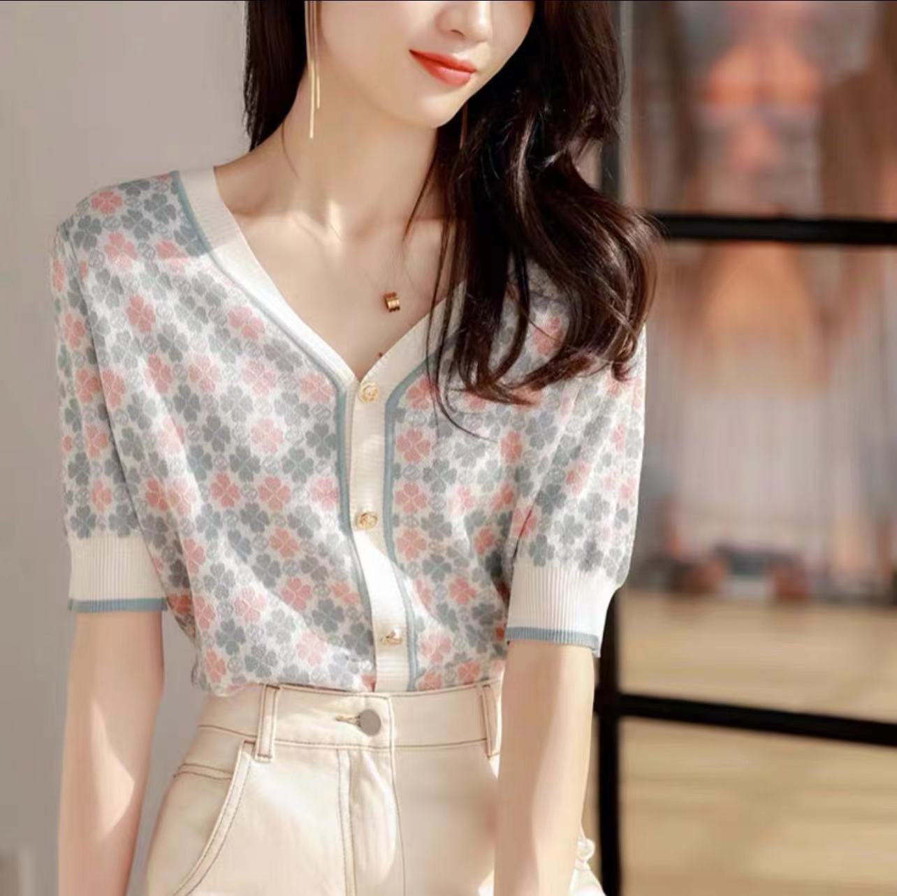 Diamond retro Japanese jacquard knitted cardigan for women summer new loose mid-sleeve V-neck top thin section