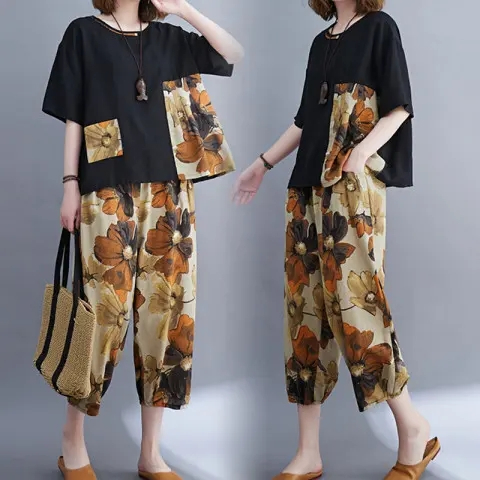 Plus size women's fat mm summer suit slimming splicing printed short-sleeved top wide-leg pants two-piece set