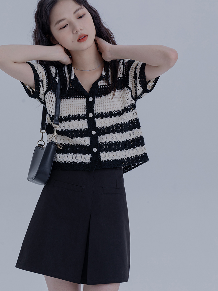 EGGKA striped short-sleeved sweater for women summer new design niche hook pattern hollow short top