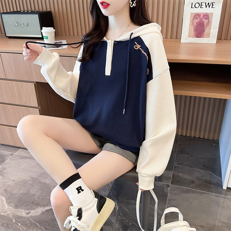 實拍 春季新款韓版寬鬆連帽華夫格連帽刺繡大碼女裝薄款衛衣女