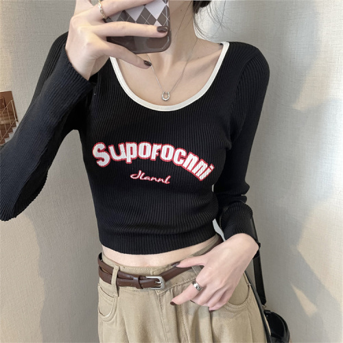 Real shot of sweet and spicy square neck short T-shirt for women spring long-sleeved slim bottoming shirt with tight top inside