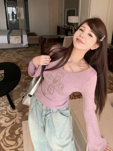 Real shot American hot girl retro chic long-sleeved knitted T-shirt women's slim stretch bottoming shirt