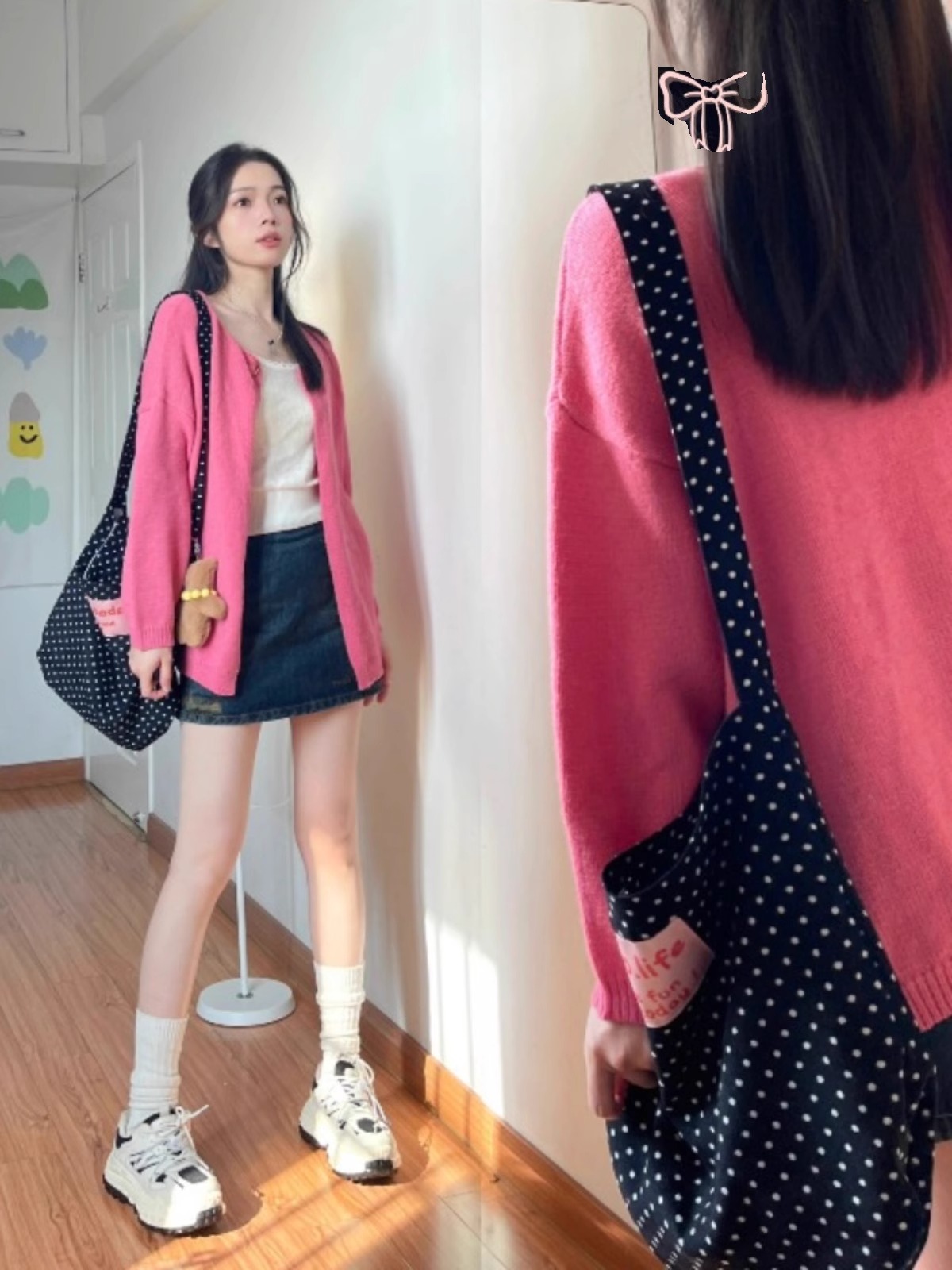Pink round neck knitted sweater cardigan for women in spring and autumn design niche loose and versatile gentle style top jacket