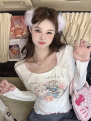 Real shot of hot girl’s slim fit short design cat print long-sleeved T-shirt