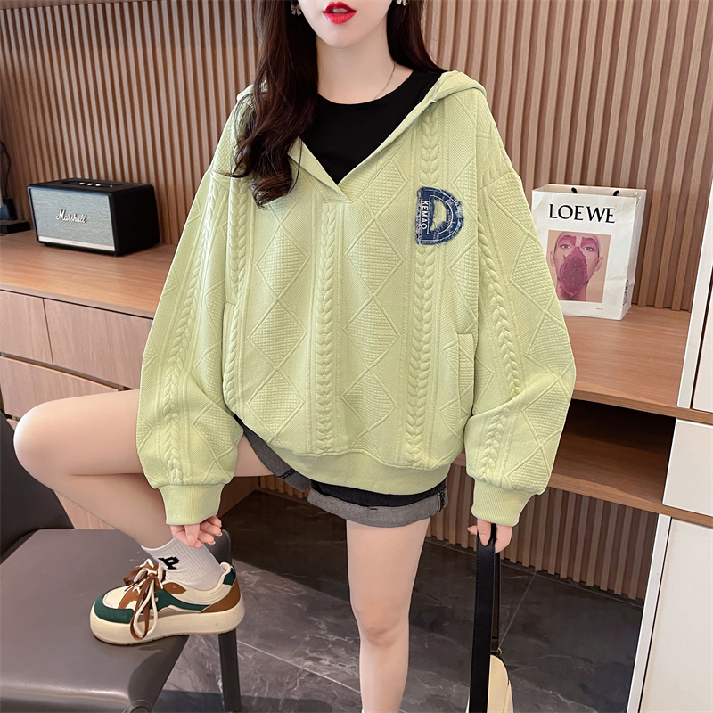 Real shot Spring new Korean style loose fake two-piece jacquard contrasting color hooded patch large size thin sweatshirt for women