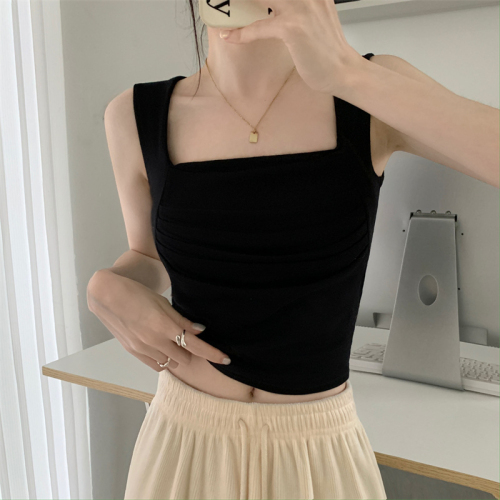 Square collar pleated bottoming vest for women summer Korean version 2024 new slim fit sweet and spicy style inner wear outer top