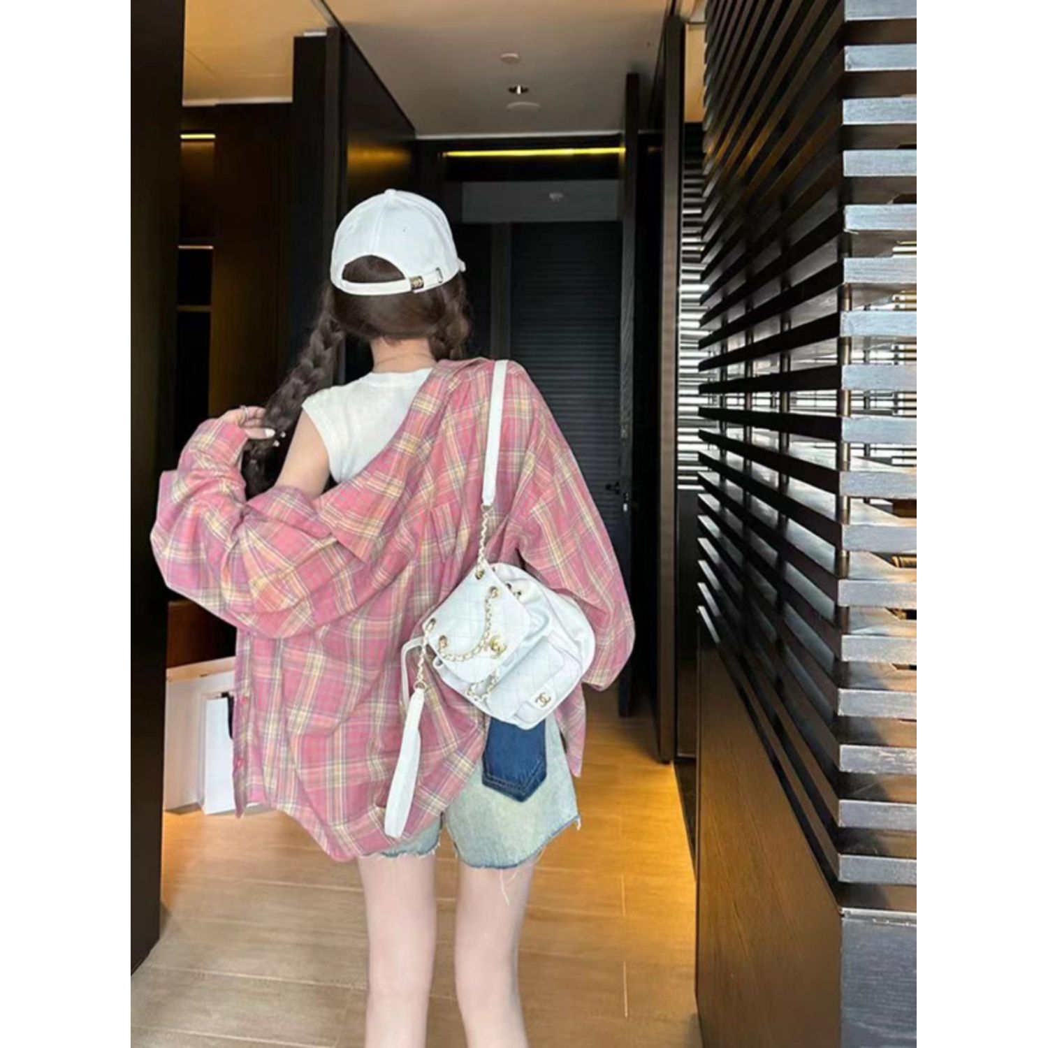 日系甜美樹莓粉格子襯衫女小清新寬鬆休閒顯瘦襯衣防曬衫百搭上衣