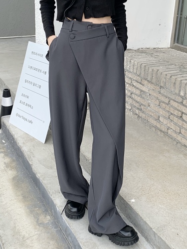 Real shot of irregular spliced ​​straight trousers for women, autumn and winter design street-style drape suit trousers