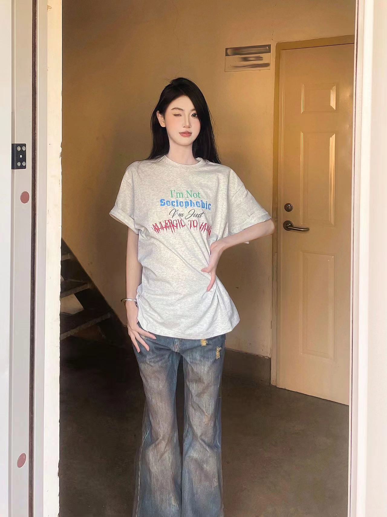 高質量純棉220克精梳緊密手感好直播品質前印花短袖t恤女