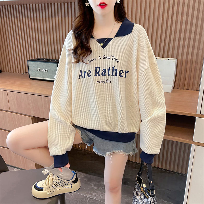 Actual shot of spring Korean style loose waffle POLO collar letter embroidery large size thin sweatshirt for women