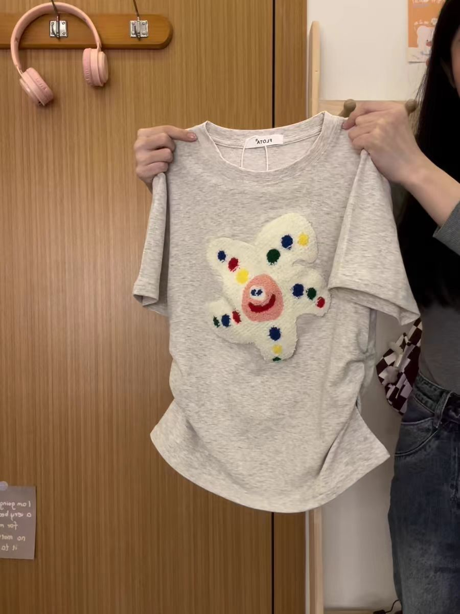 奶油的宇宙 可愛植絨卡通正肩短袖T恤女日系甜妹短款上衣夏季新款