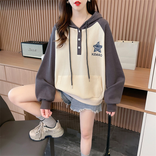 Real shot 2024 spring Korean style loose hooded waffle patch large size women's thin sweatshirt for women