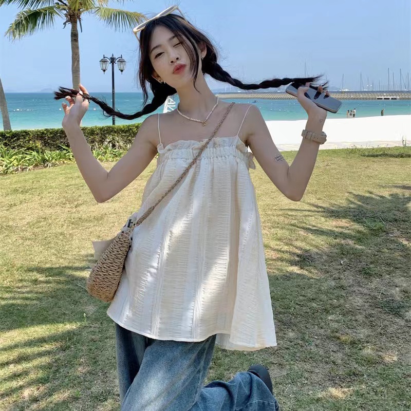 法式復古吊帶背心女夏季設計感小眾寬鬆短款裙子娃娃衫上衣連衣裙