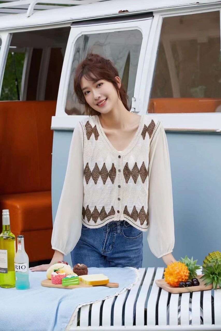 Oct spring new style retro literary heavy industry embroidery Korean design western v-neck long-sleeved shirt women's trend