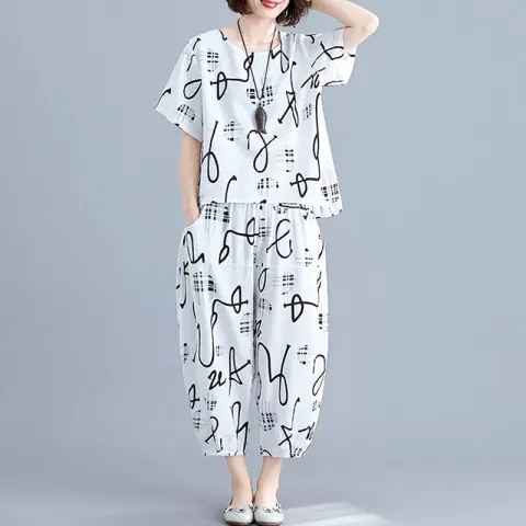 Printed two-piece short-sleeved round-neck T-shirt casual large size wide-leg pants loose fat MM fashion suit for women