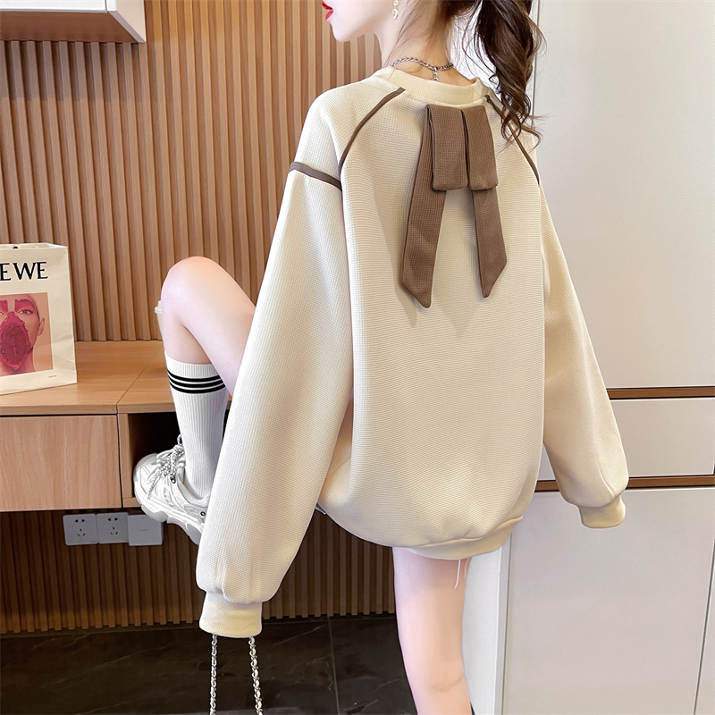 Actual shot of spring new Korean style loose back collar waffle round neck bow large size thin sweatshirt for women