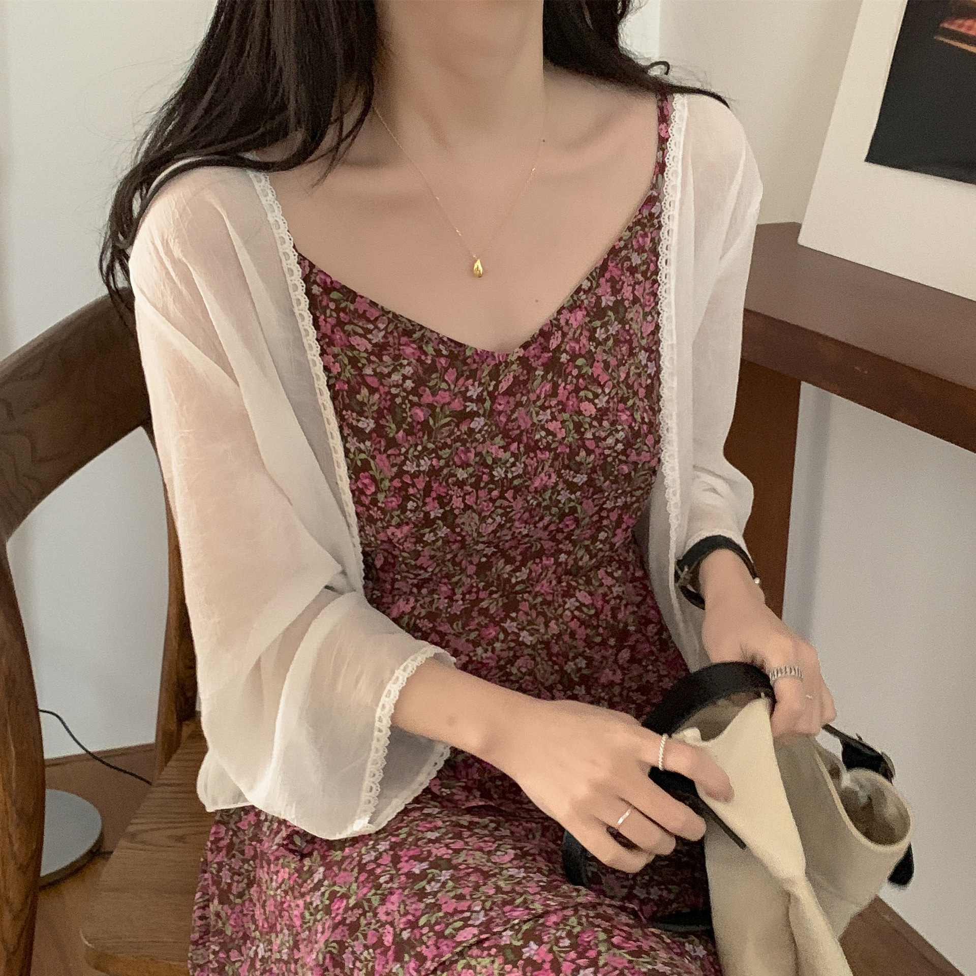 寬鬆花邊雪紡防曬衣女夏新款薄沙灘開衫外套小個女上衣短外