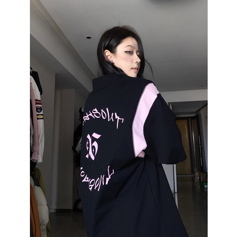 撞色星星刺繡polo領短袖t恤女夏季寬鬆上衣女落肩袖套頭休閒中袖