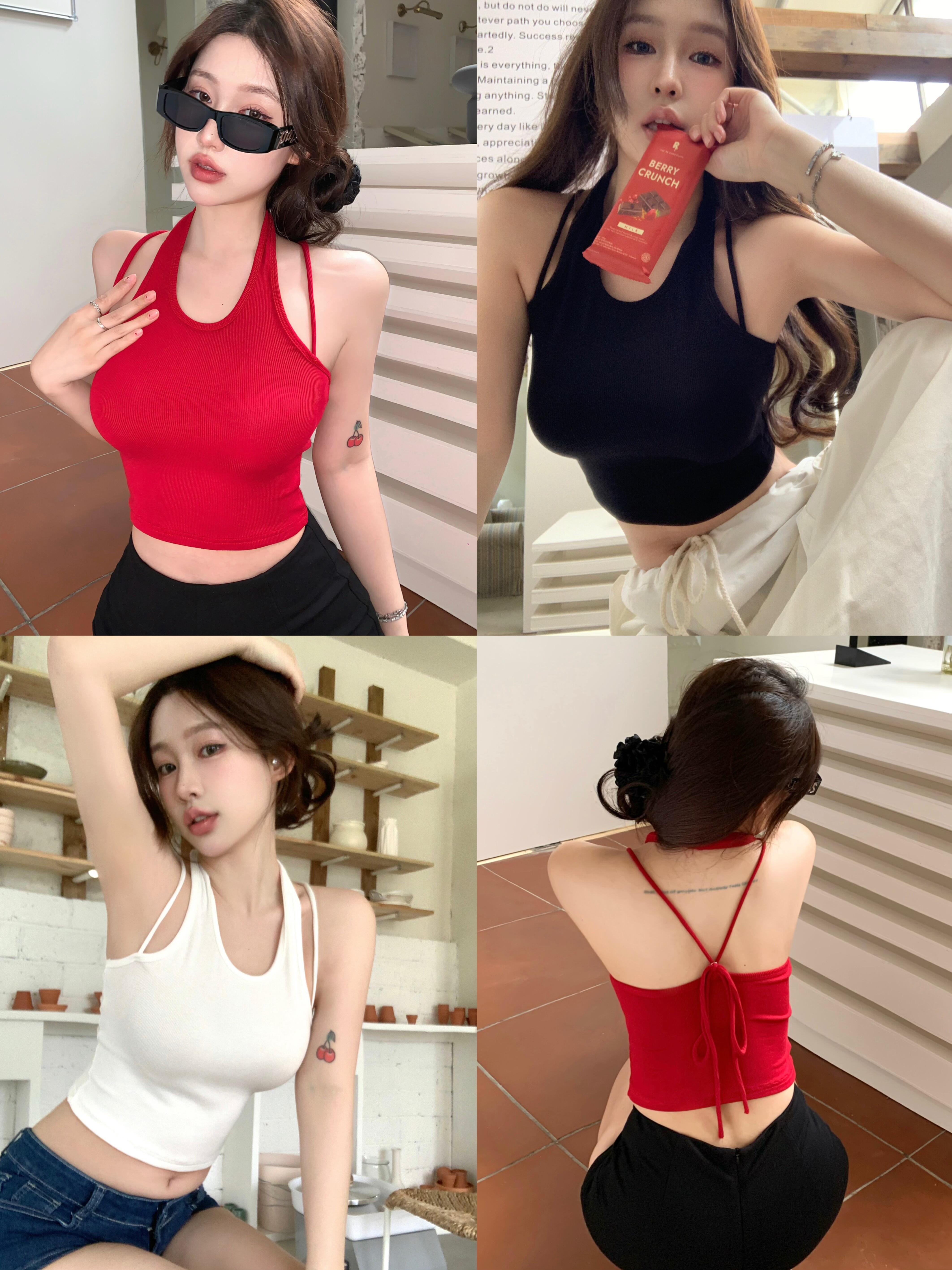 Real shot of a hot girl wearing a designer strappy halterneck top