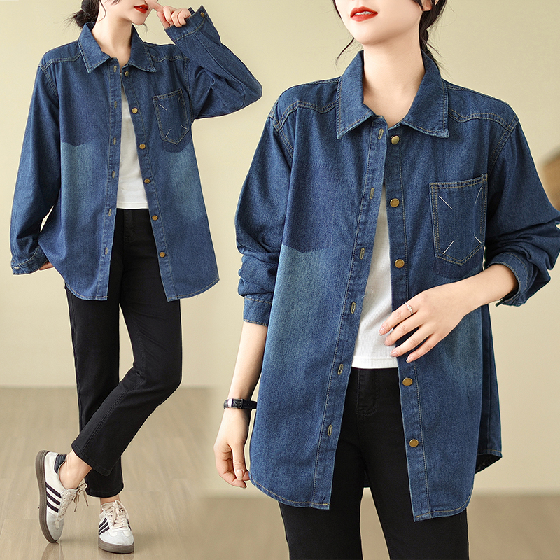 2024實拍春裝大碼女裝寬鬆大版復古撞色牛仔襯衣外套S-5XL200斤