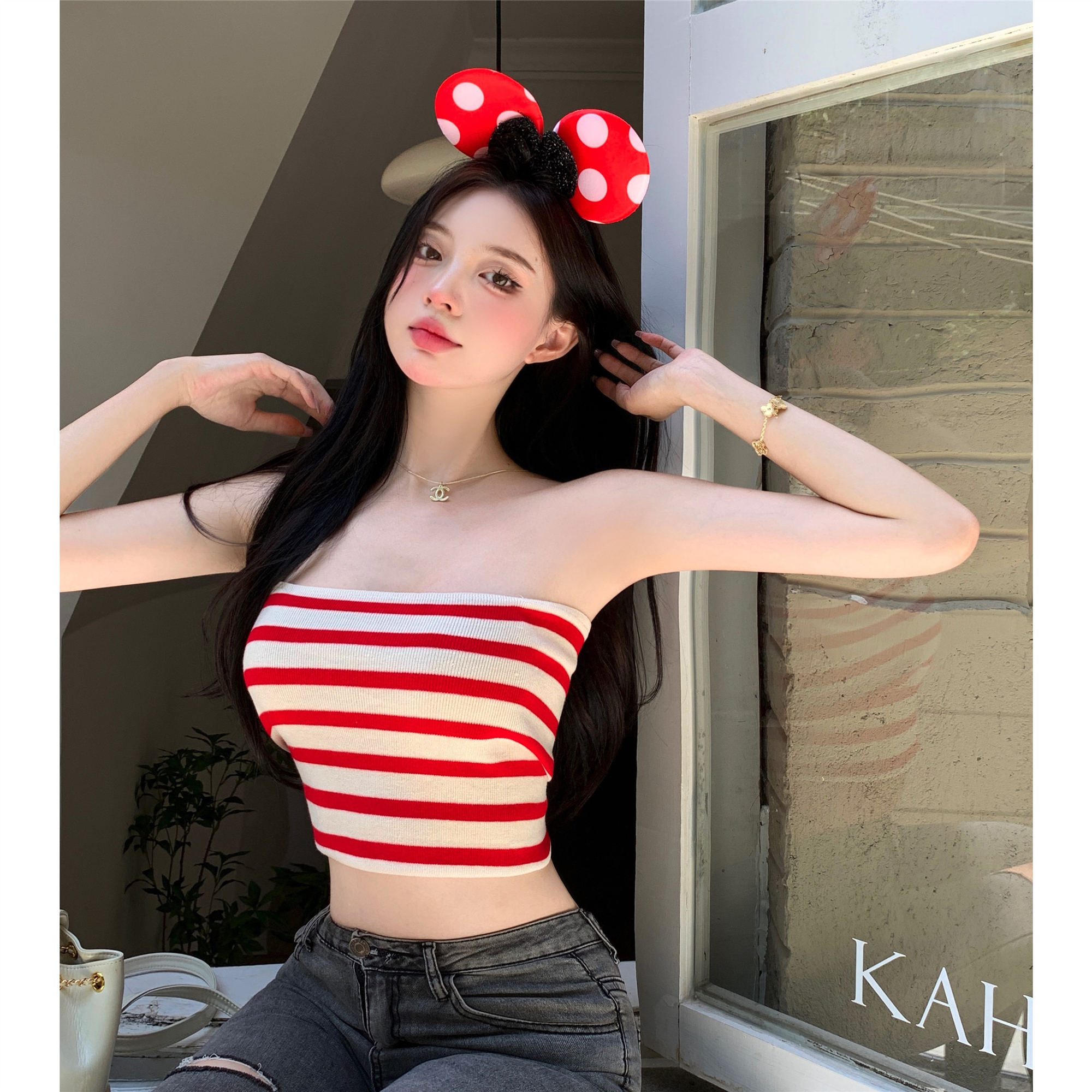 Real shot~Sweet and spicy knitted tube top for hot girls in summer to look slim and wear bottoming shirt tops