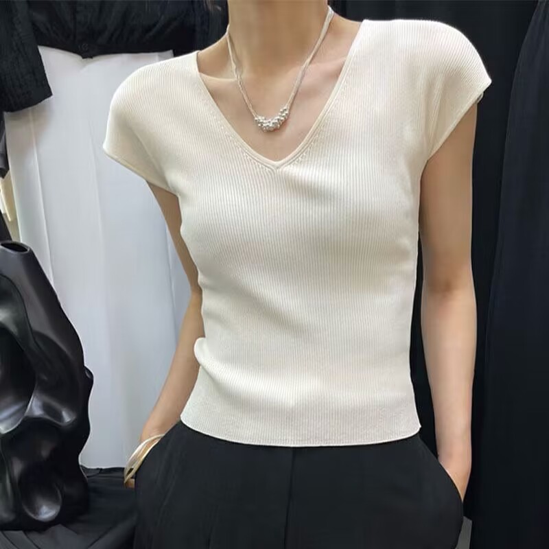 港味chic正肩短袖v領T恤女內搭夏冰絲針織衫修身顯瘦打底別致上衣