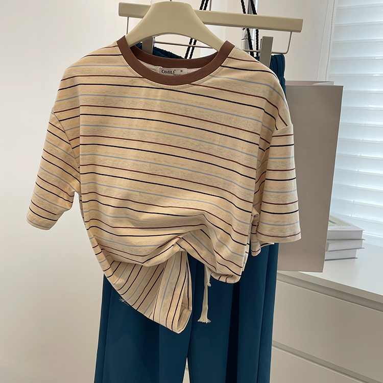 Retro striped T-shirt women's short-sleeved 2024 new summer loose and versatile color-blocked right shoulder round neck top