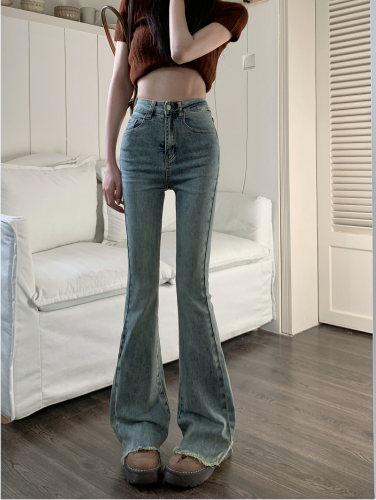 Actual shot ~ new slim fit retro versatile hot girl high waist raw edge flared jeans